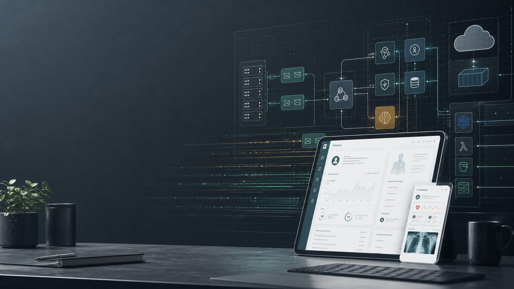 Abstract technical architecture workspace showing connected cloud, healthcare, and backend system diagrams